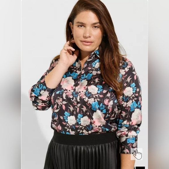torrid Tops - Torrid Black Floral Madison Satin Button-Up Long Sleeve Shirt 4X 26